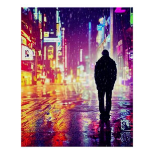 Lonely Cyberpunk In The Rain Poster