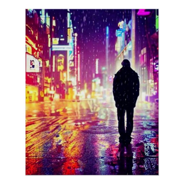 Lonely Cyberpunk In The Rain Poster (Front)