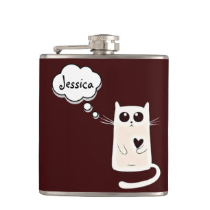 Lonely Hearts Cat Personalised Burgundy Hip Flask