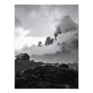 lonely house with misty mountains photo print