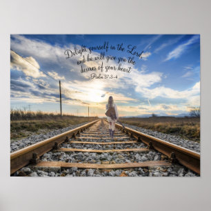 Lonely Musician Walking on Railroad Tracks Poster