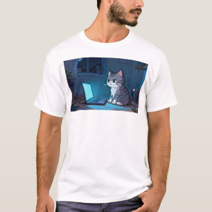 Lonely Pixel Cat with Laptop – Chill Retro Pixel A T-Shirt
