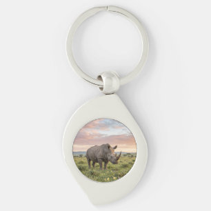 Lonely Rhino In Savanna At Sunset Photo Enlargemen Keychain