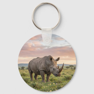 Lonely Rhino In Savanna At Sunset Photo Enlargemen Keychain