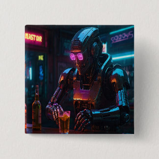 Lonely Robot at Neon Bar – Cyberpunk Emotional Sce 2 Inch Square Button