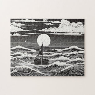 Lonely Sailboat at Night in a Stormy Sea Jigsaw Puzzle