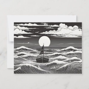 Lonely Sailboat in Moonlit Waves Over Ocean Postcard