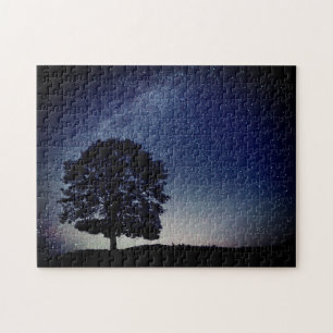Lonely Tree on Hill Starry Night Sky Scene Jigsaw Puzzle
