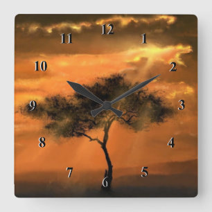 Lonely Tree Sunbeams - Drawing Art Collection - Square Wall Clock