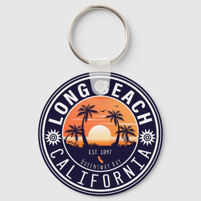 Long Beach Ca Palm Tree Retro Sunset Souvenir 60s Keychain (Front)