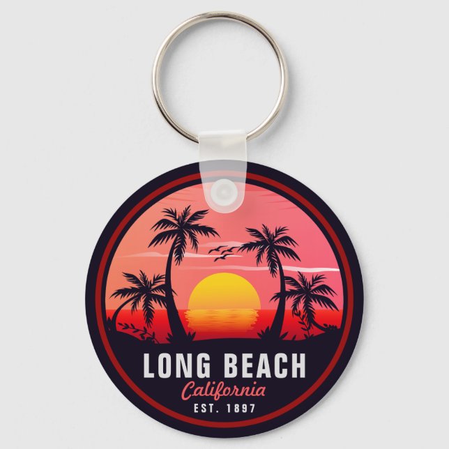 Long Beach California Retro Sunset Souvenirs 80s Keychain (Front)