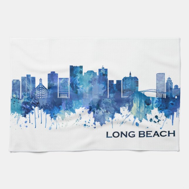 Long Beach California Skyline Blue Kitchen Towel (Horizontal)