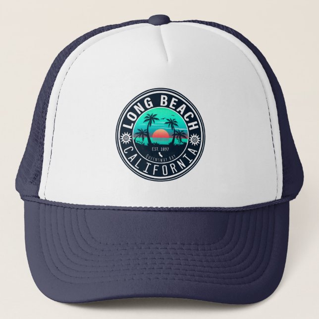 Long Beach California Tropical Sunset Souvenir 70s Trucker Hat (Front)