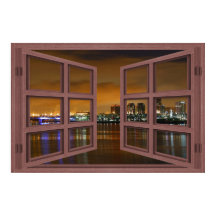 Long Beach Skyline At Night Open Window Poster