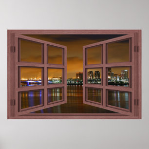 Long Beach Skyline At Night Open Window Poster