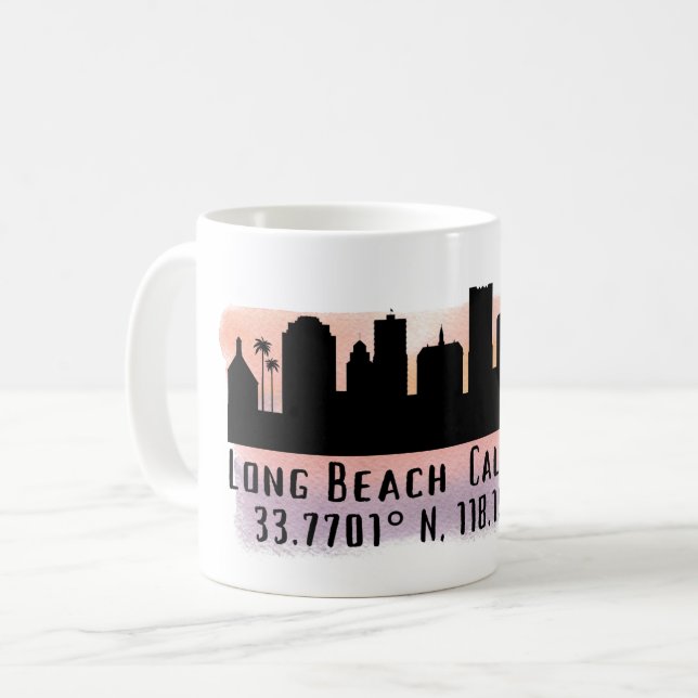 Long Beach Skyline Latitude and Longitude Coffee Mug (Front Left)