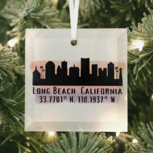Long Beach Skyline Latitude and Longitude  Glass Ornament