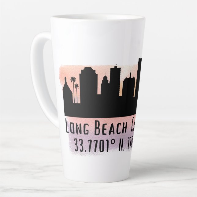 Long Beach Skyline Latitude and Longitude  Latte Mug (Left Angle)