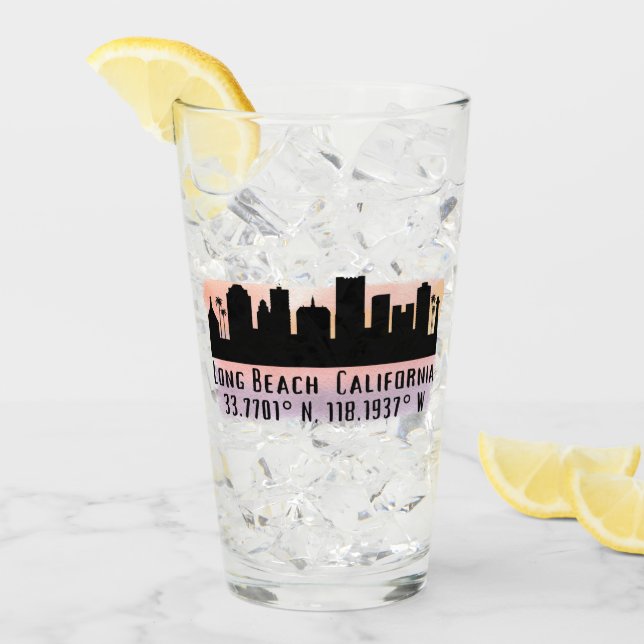 Long Beach Skyline Latitude and Longitude Pint Glass (Front Ice)