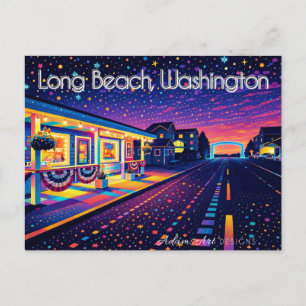 Long Beach Washington Neon Night Street Scene Holiday Postcard