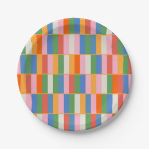 Long Blocks Colourful Checked Pop Pattern Paper Plate