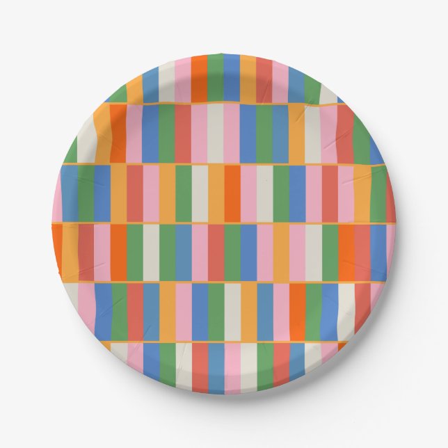 Long Blocks Colourful Checked Pop Pattern Paper Plate (Front)