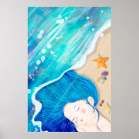 Long Blue-haired Angel Sleeping On The Beach
