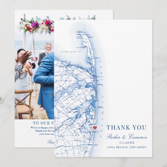 Long Branch New Jersey Map Wedding Photo Flat Thank You Card (Front/Back)