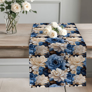 Long Chemin de table floral bleu et ivoire opulent