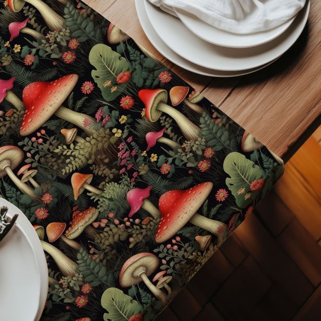 Long Chemin de table rustique charme forestier et champ (Rustic Aesthetic Table Runner Forest Fungi Charm)