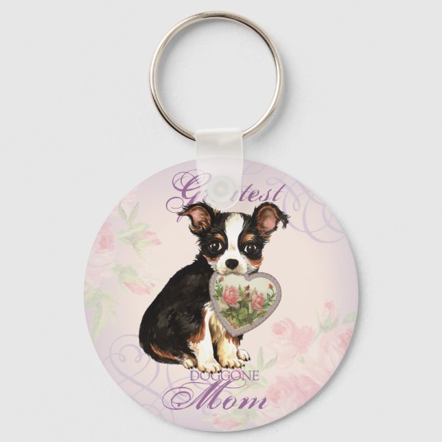 Long Coat Chihuahua Heart Mom Keychain (Front)
