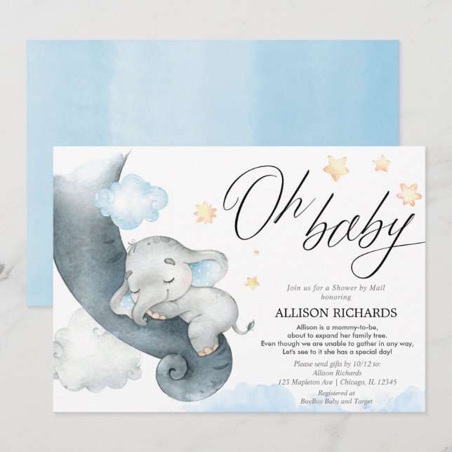 Long distance baby shower by mail elephant shower invitation (Front/Back)
