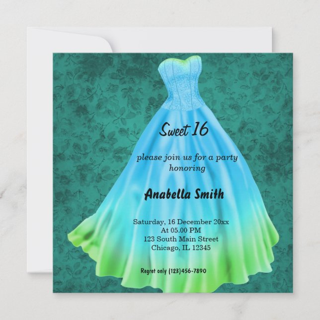 Long dress Sweet 16 (Turquoise) Invitation (Front)