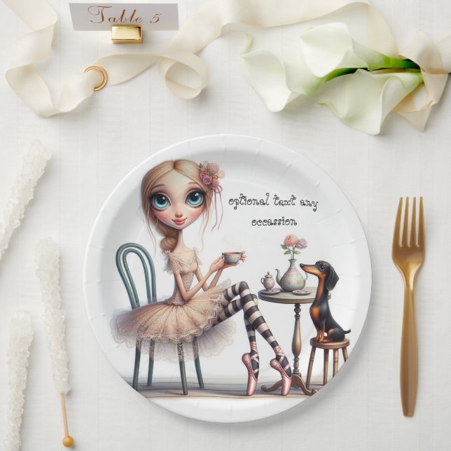 long egated neck Wide Eyed Primitive Girl with dog Paper Plate (Wedding)
