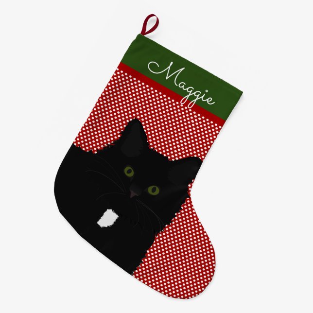 Long Hair Black Cat Personalized Large Christmas Stocking (Front (Hanging))