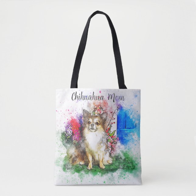 Long Hair Chihuahua Watercolor Tote Bag (Front)