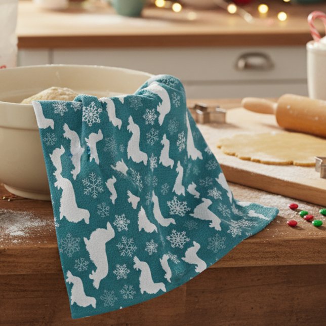 Long Hair Dachshund Christmas Gift Teal Kitchen Towel (Long hair dachshund - blue Christmas dish towel - hostess or white elephant gift for wiener dog moms)
