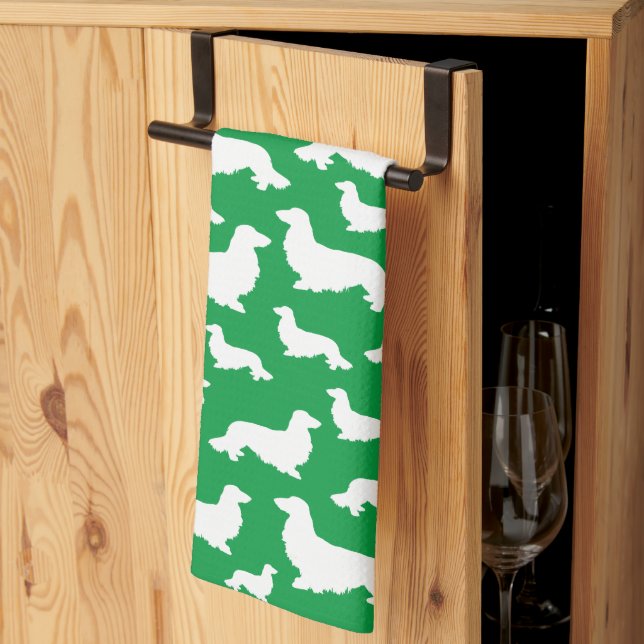 Long Hair Dachshund Green Kitchen Towel (Thirds Fold)