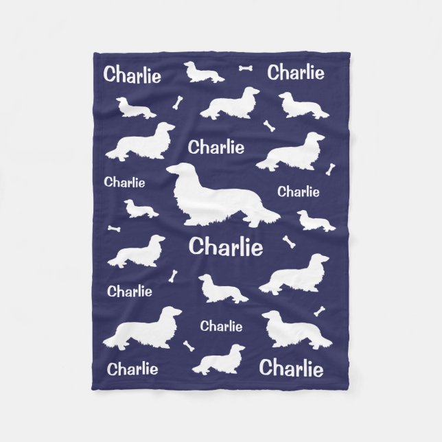 Long Hair Dachshund Personalized Navy Blanket  (Front)