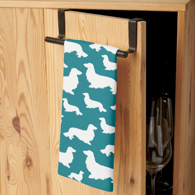 Long Hair Dachshund Teal Wiener Dog Kitchen Towel (Thirds Fold)