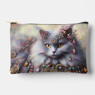 Long Hair Grey Cat w/Jewels Gemstones Painting Accessory Pouch
