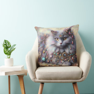 Long Hair Grey Cat w/Jewels Gemstones Painting Throw Pillow