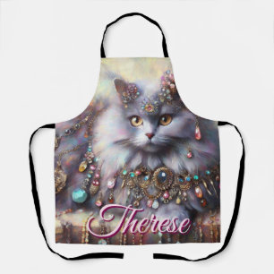 Long Hair Grey Cat w/Jewels Gemstones Personalized Apron