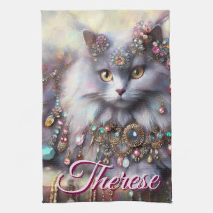 Long Hair Grey Cat w/Jewels Gemstones Personalized Kitchen Towel