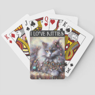 Long Hair Grey Cat w/Jewels I Love Kitties Playing Cards