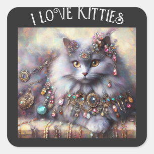 Long Hair Grey Kitty Cat Wearing Jewellery Gemston Square Sticker
