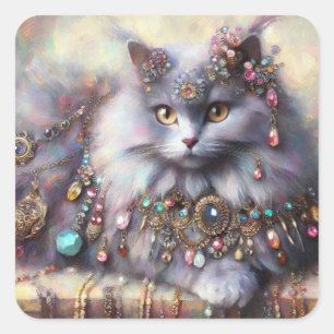 Long Hair Grey Nebelung Cat Kitty Jewellery Jewels Square Sticker