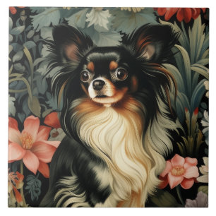 Long Hair Tricolor Chihuahua in a Vintage Garden Tile