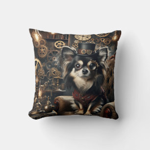 Long-haired black and white Chihuahua Steampunk Throw Pillow