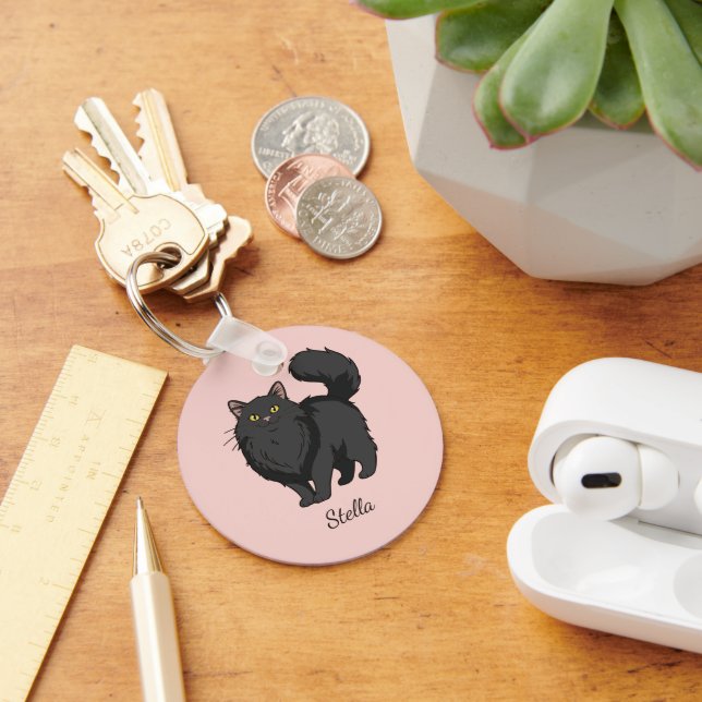 Long Haired Black Cat Mom Personalized Keychain (Desk)